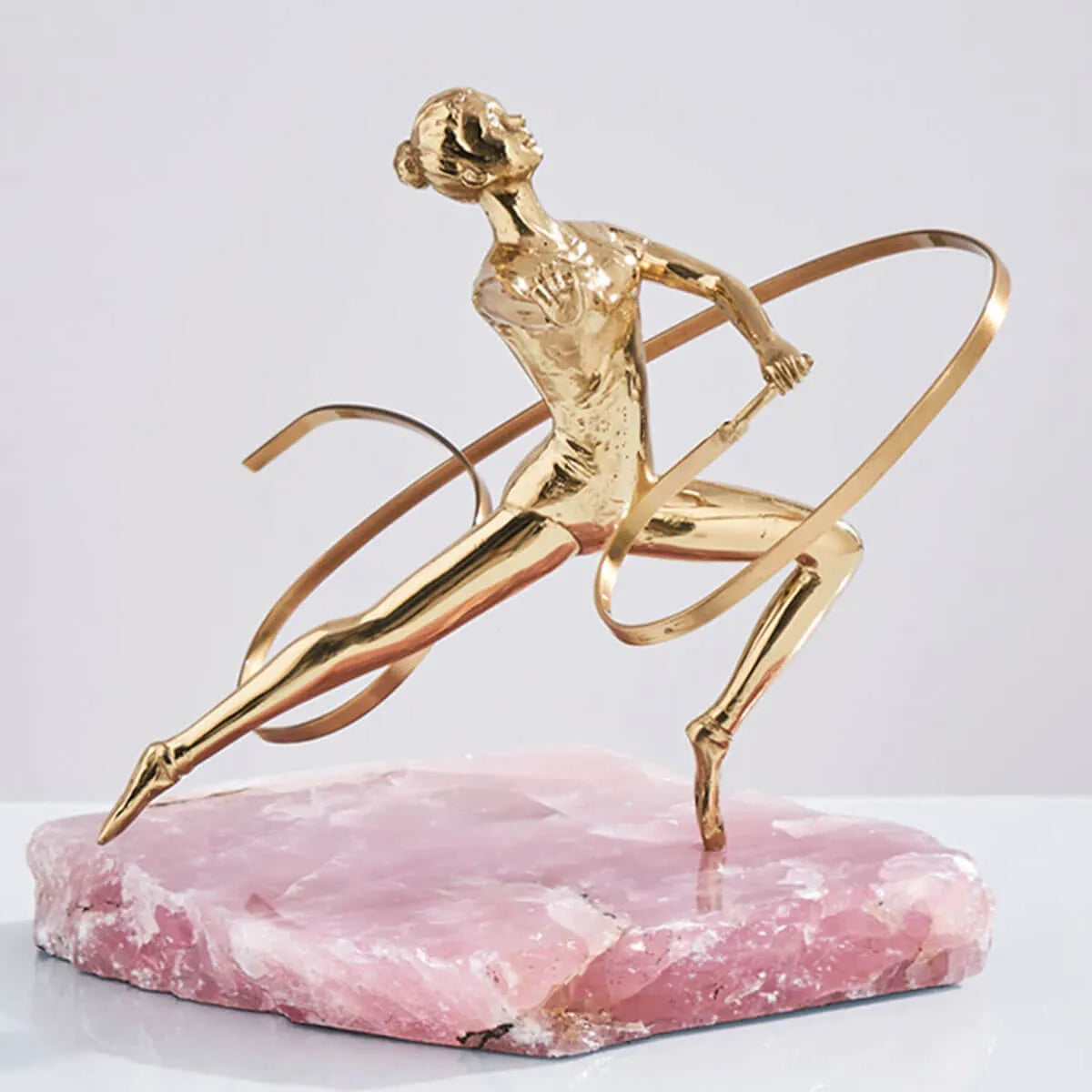 Golden Art Brass Gymnastics Women Athlete Waving A Ribbon Statue Figurine Pink Spar