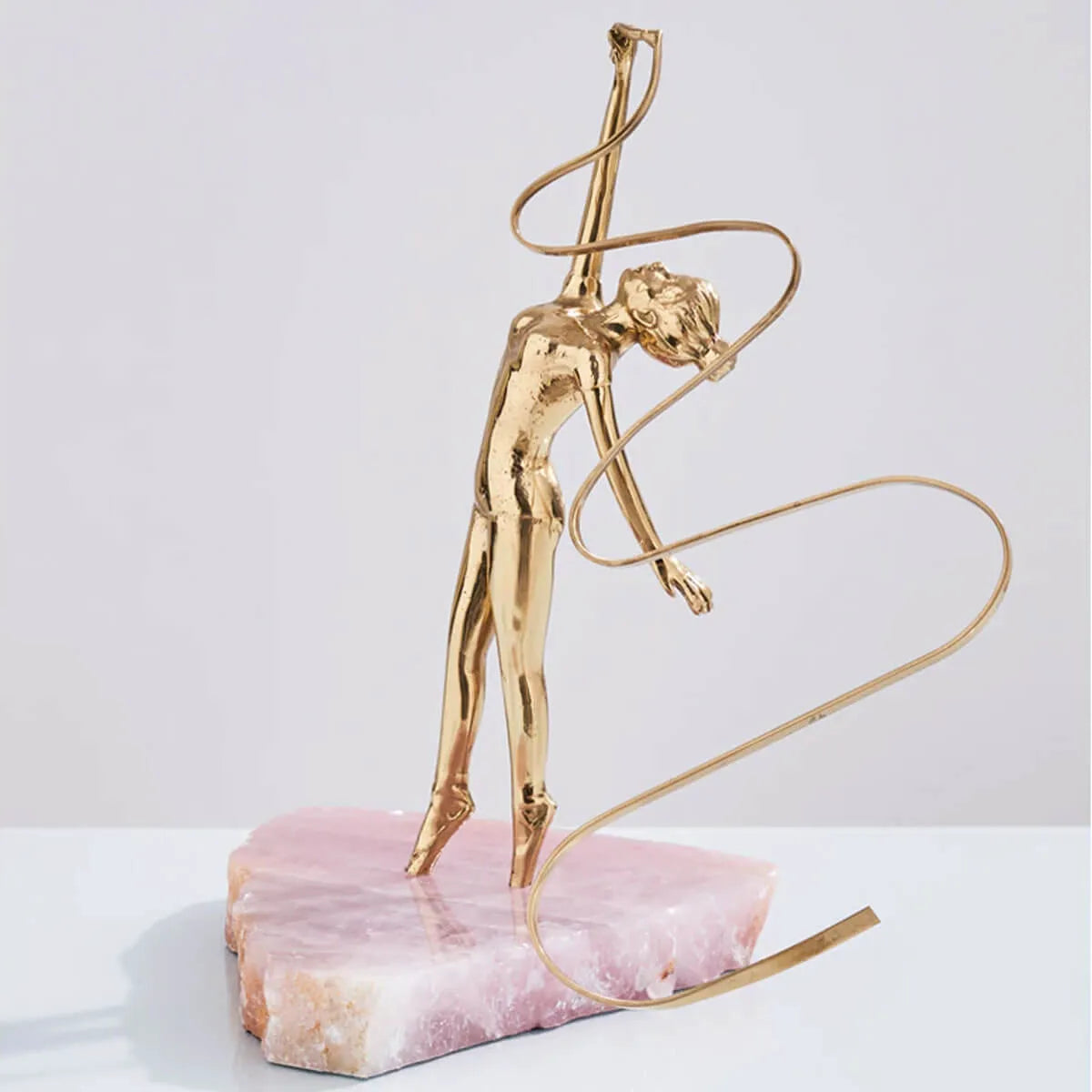 Golden Art Brass Gymnastics Women Athlete Waving A Ribbon Statue Figurine Pink Spar