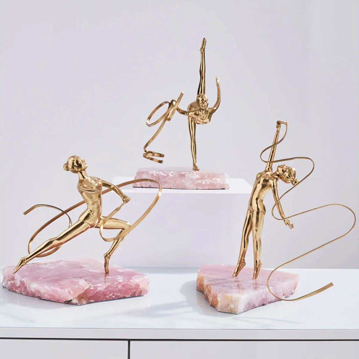 Golden Art Brass Gymnastics Women Athlete Waving A Ribbon Statue Figurine Pink Spar