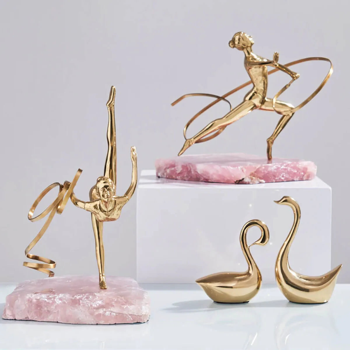 Golden Art Brass Gymnastics Women Athlete Waving A Ribbon Statue Figurine Pink Spar