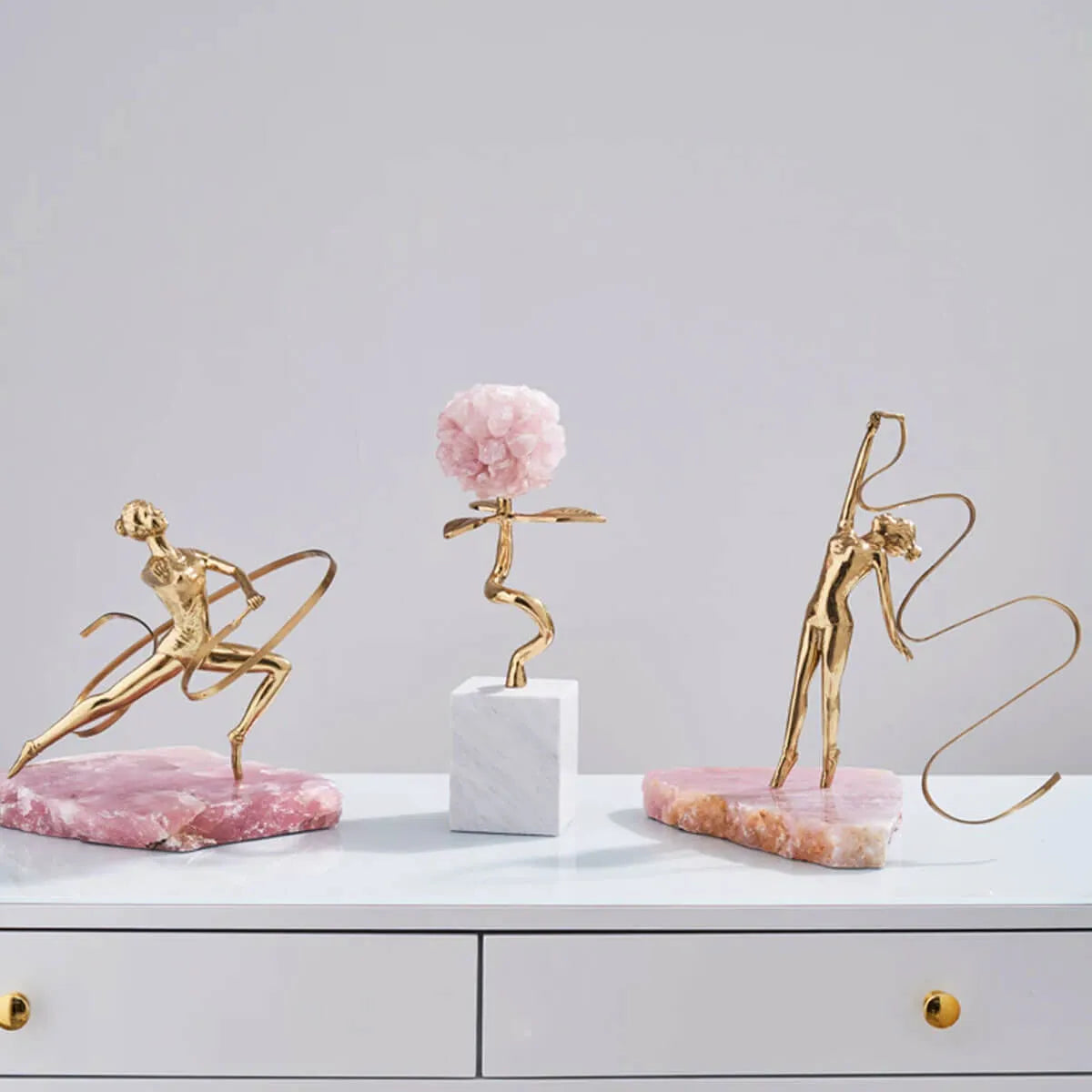 Golden Art Brass Gymnastics Women Athlete Waving A Ribbon Statue Figurine Pink Spar