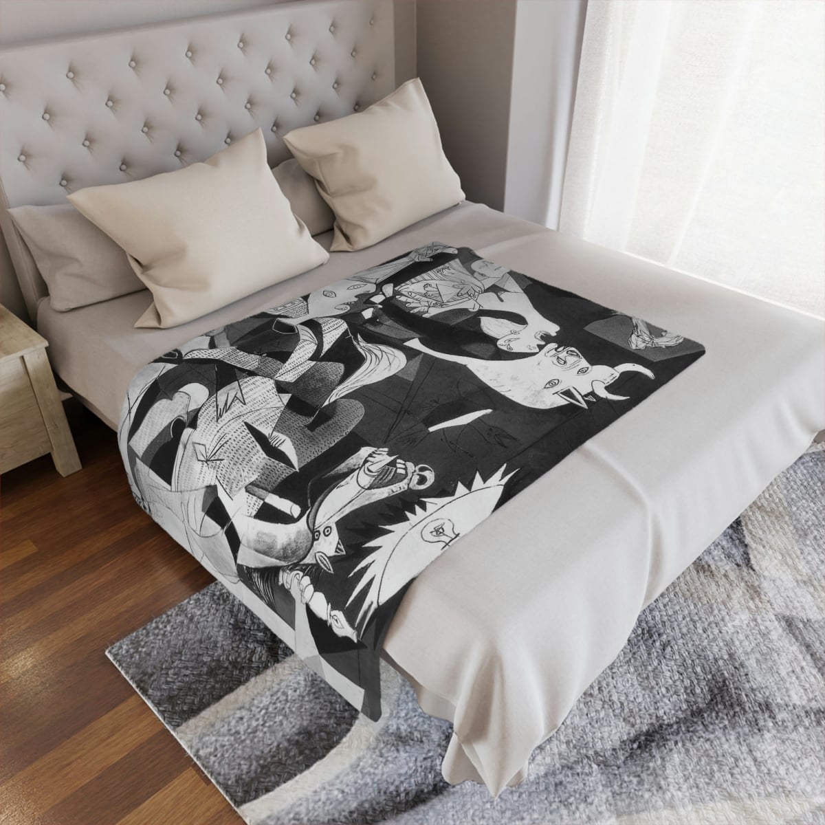 Artistic black and white blanket inspired by Picasso's Guernica