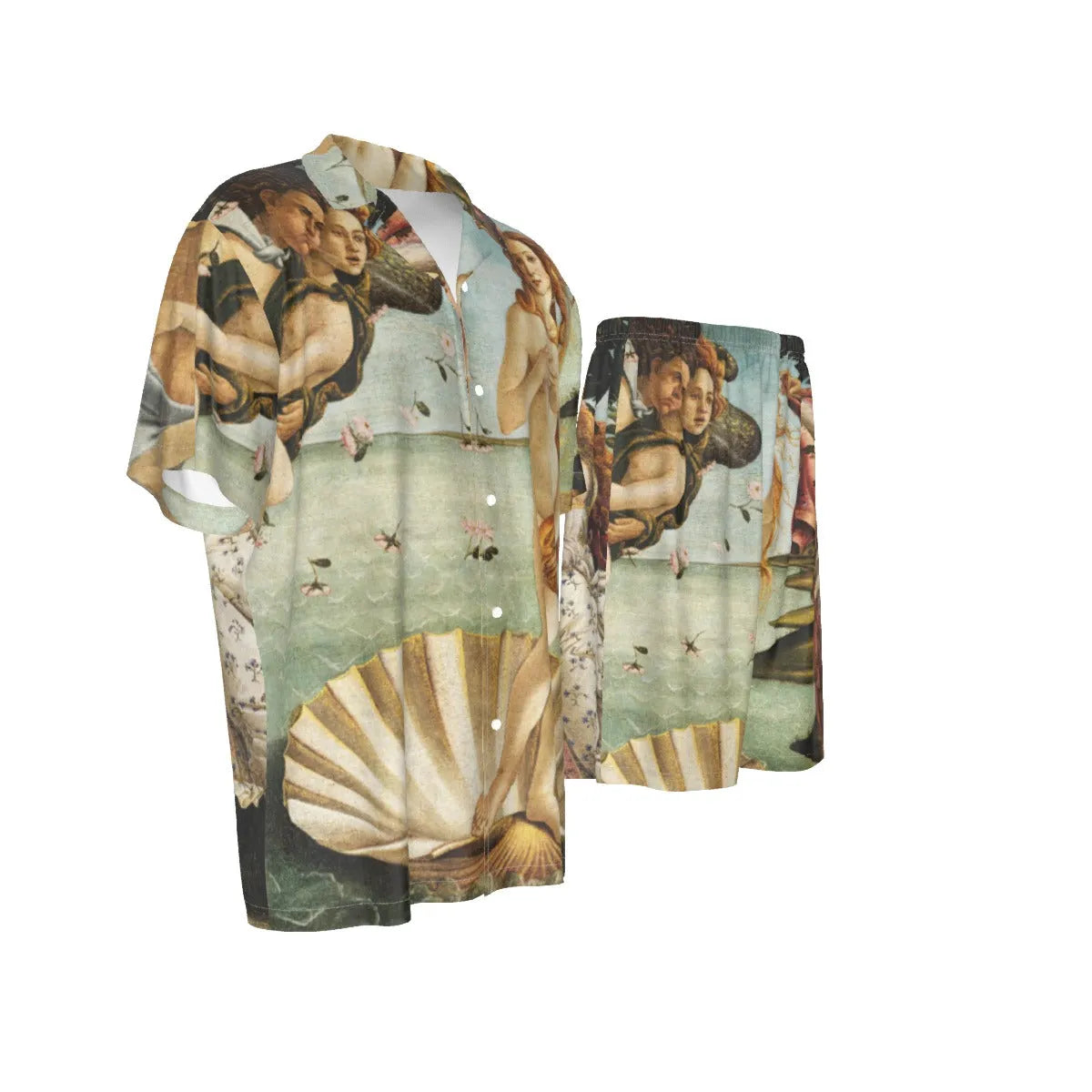 Conjunto de traje de camisa de seda con pintura de Sandro Botticelli del nacimiento de Venus