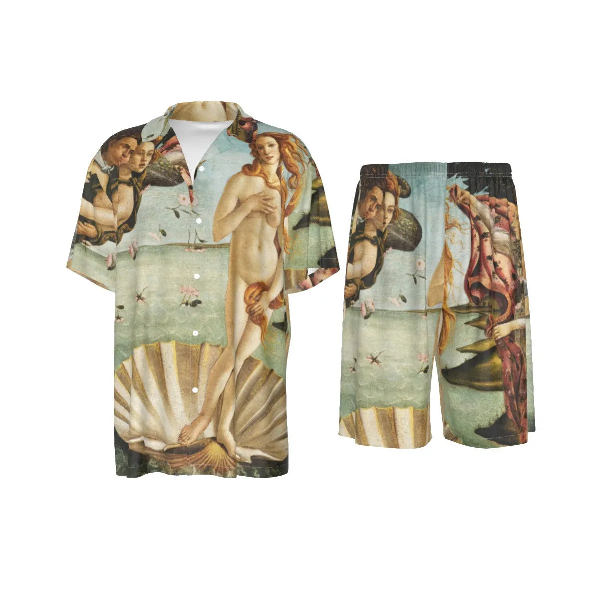 Conjunto de traje de camisa de seda con pintura de Sandro Botticelli del nacimiento de Venus