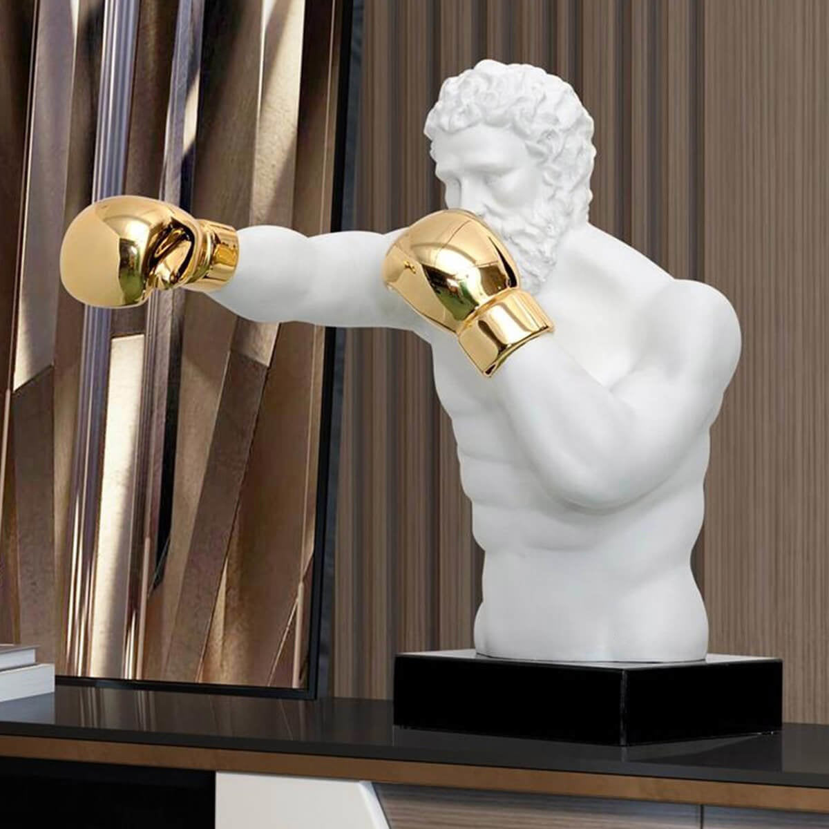 Greek Boxing Statue - Fighter Sculpture with Golden Gloves