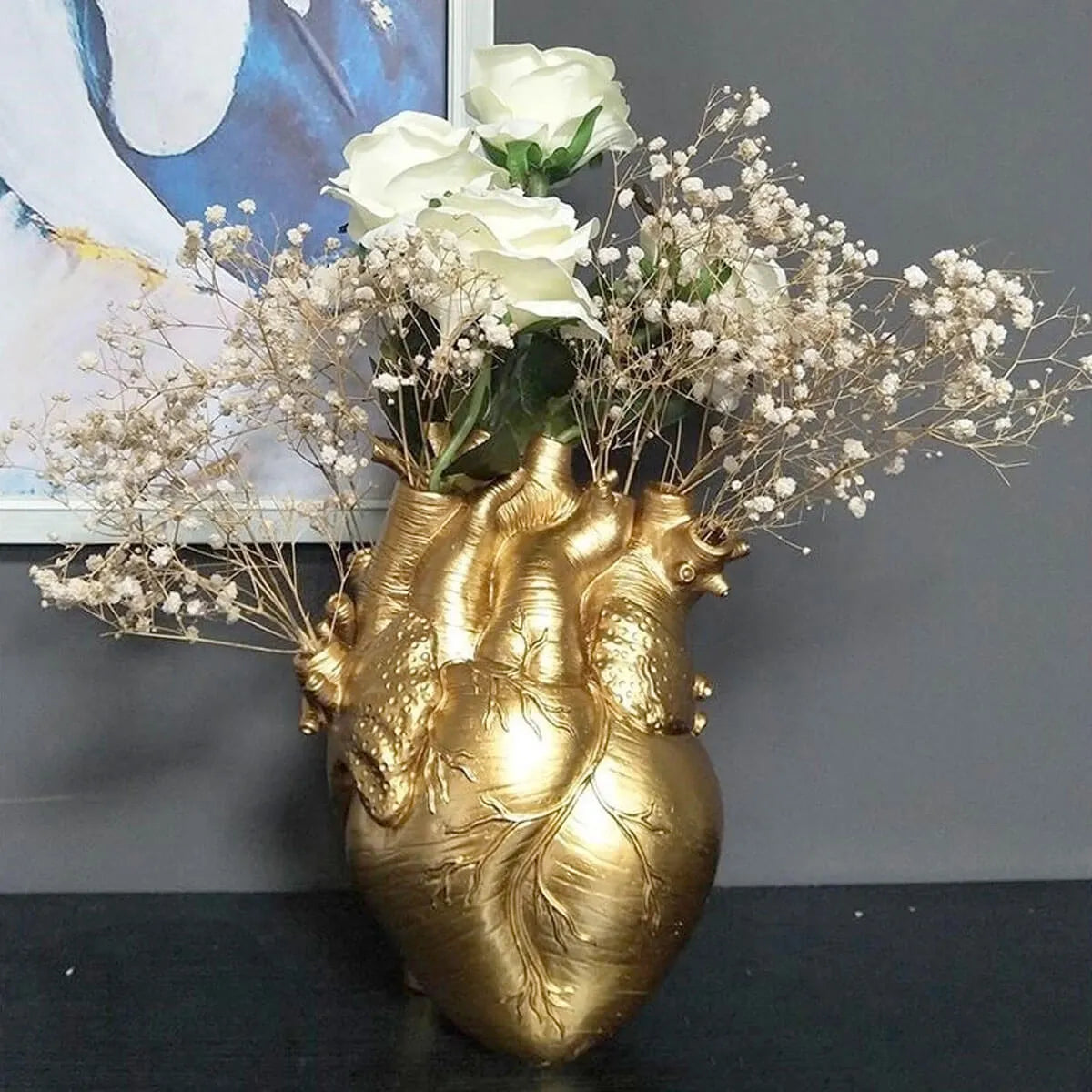 Anatomical Heart Shape Flowers Resin Art Vase Sculpture