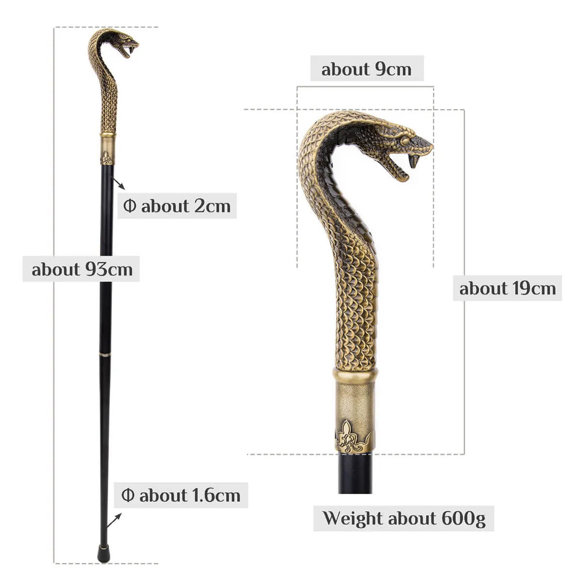 Bronze Luxury Snake Handle Pimp Walking Cane