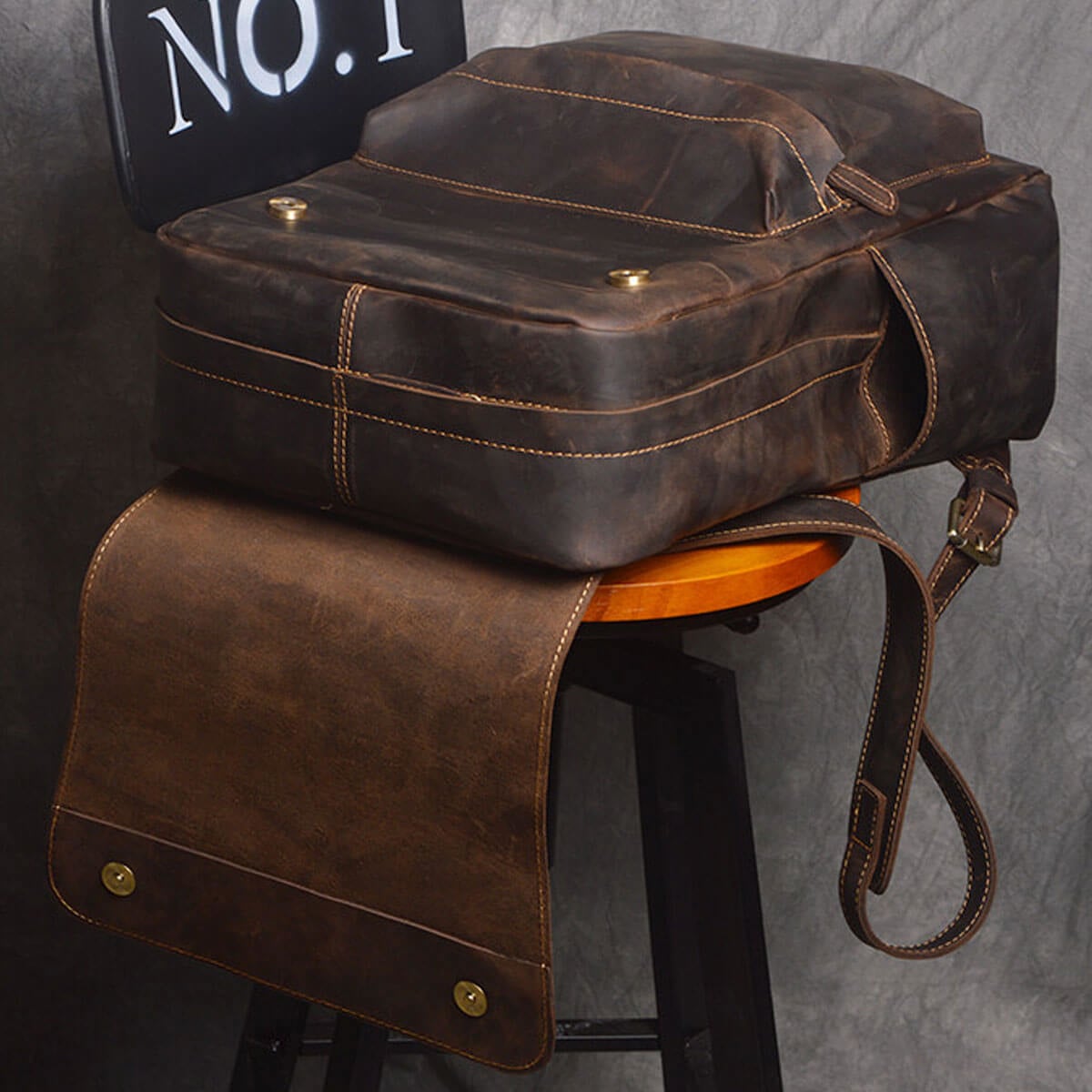 Retro-style Dark Brown Leather Backpack with multiple compartments