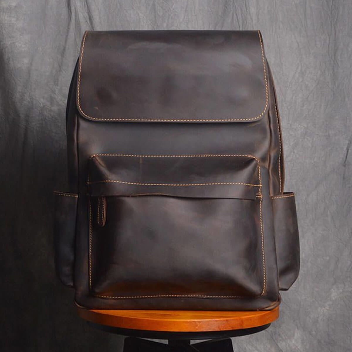 Classic Dark Brown Leather Rucksack with distressed finish