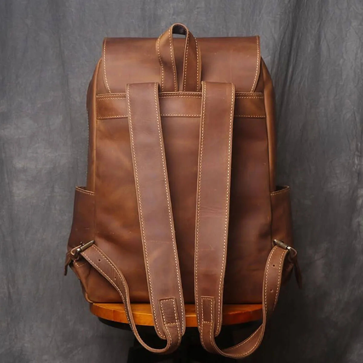 Genuine Leather Brown Backpack with vintage design and comfortable straps