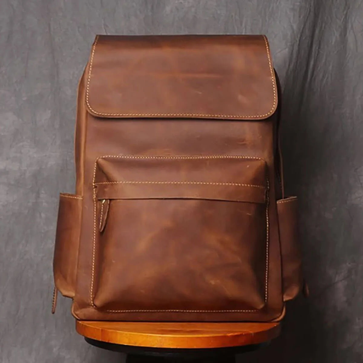 Brown Vintage Leather Backpack with multiple pockets for everyday use