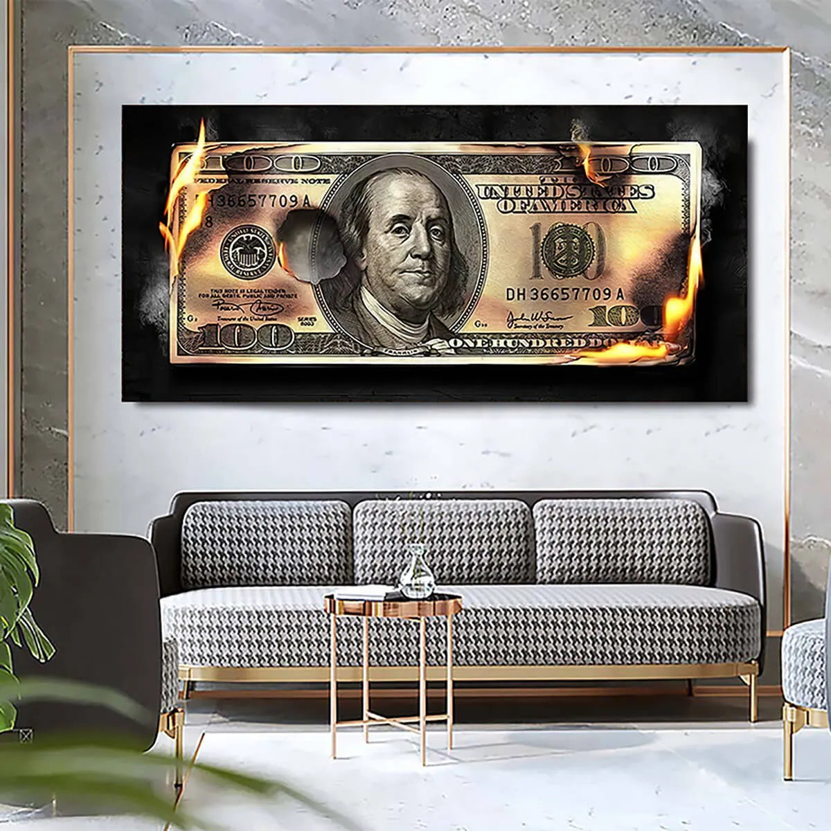 Burning Dollar Cash Money Canvas Painting Print Wall Art