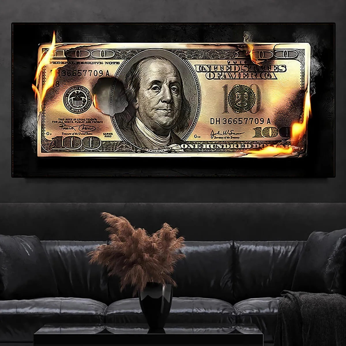 Burning Dollar Cash Money Canvas Painting Print Wall Art