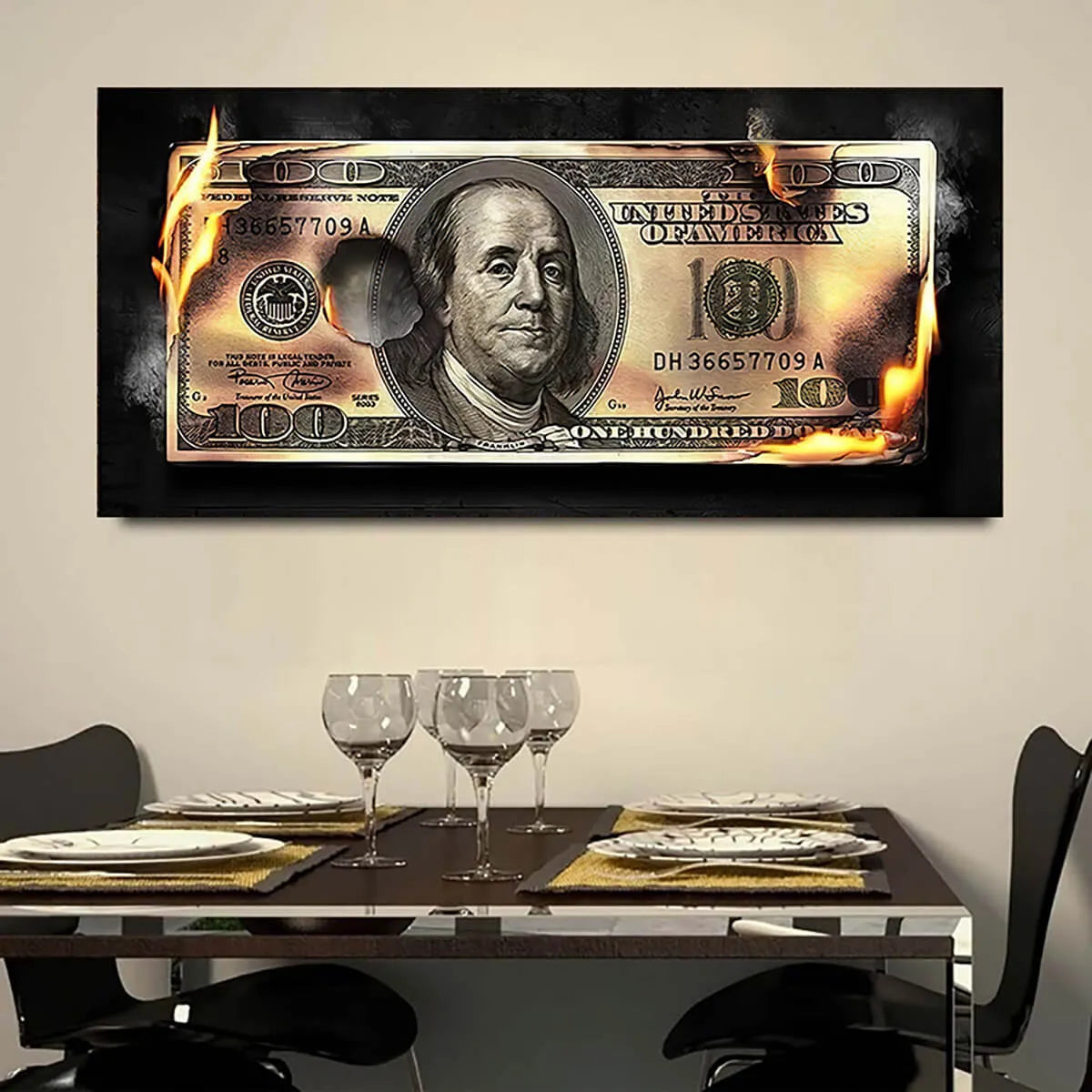 Burning Dollar Cash Money Canvas Painting Print Wall Art