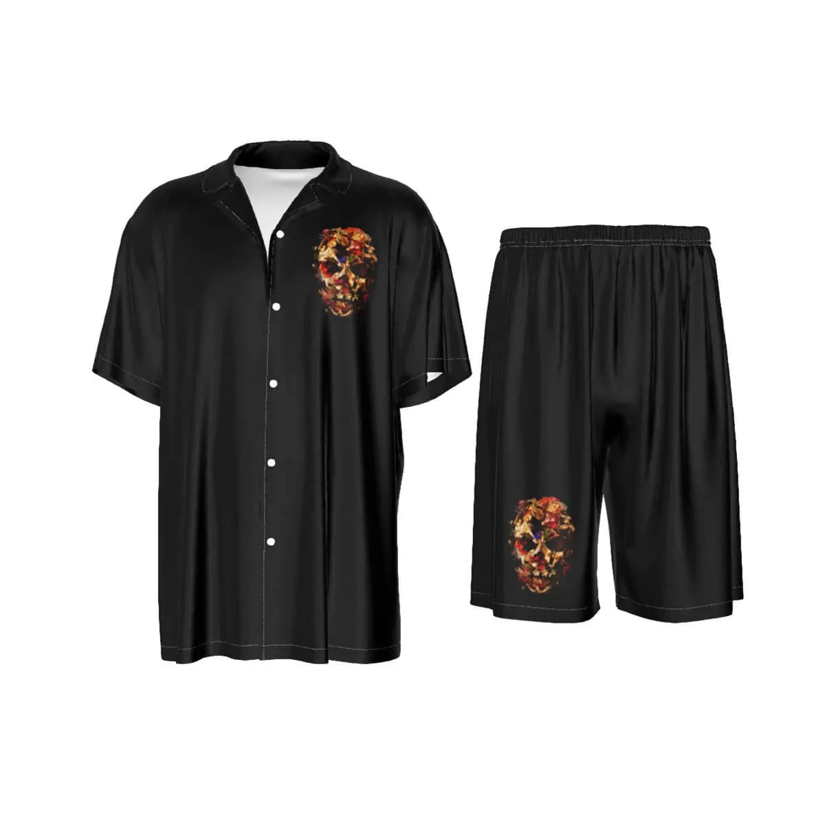 Fashion Luxury Flowers Skull Style Holiday Silk Shirt Suit Set