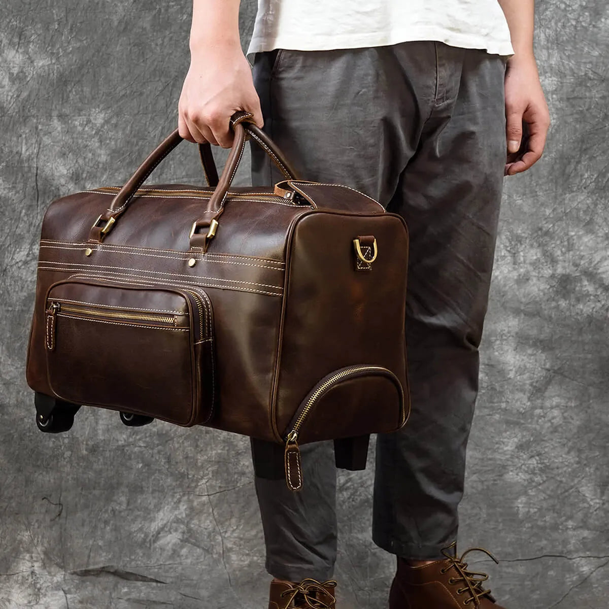 Genuine Leather Large Luggage Wheels Duffle Bag