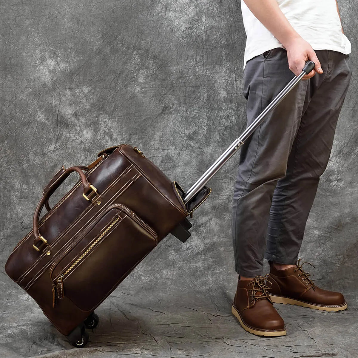 Genuine Leather Large Luggage Wheels Duffle Bag