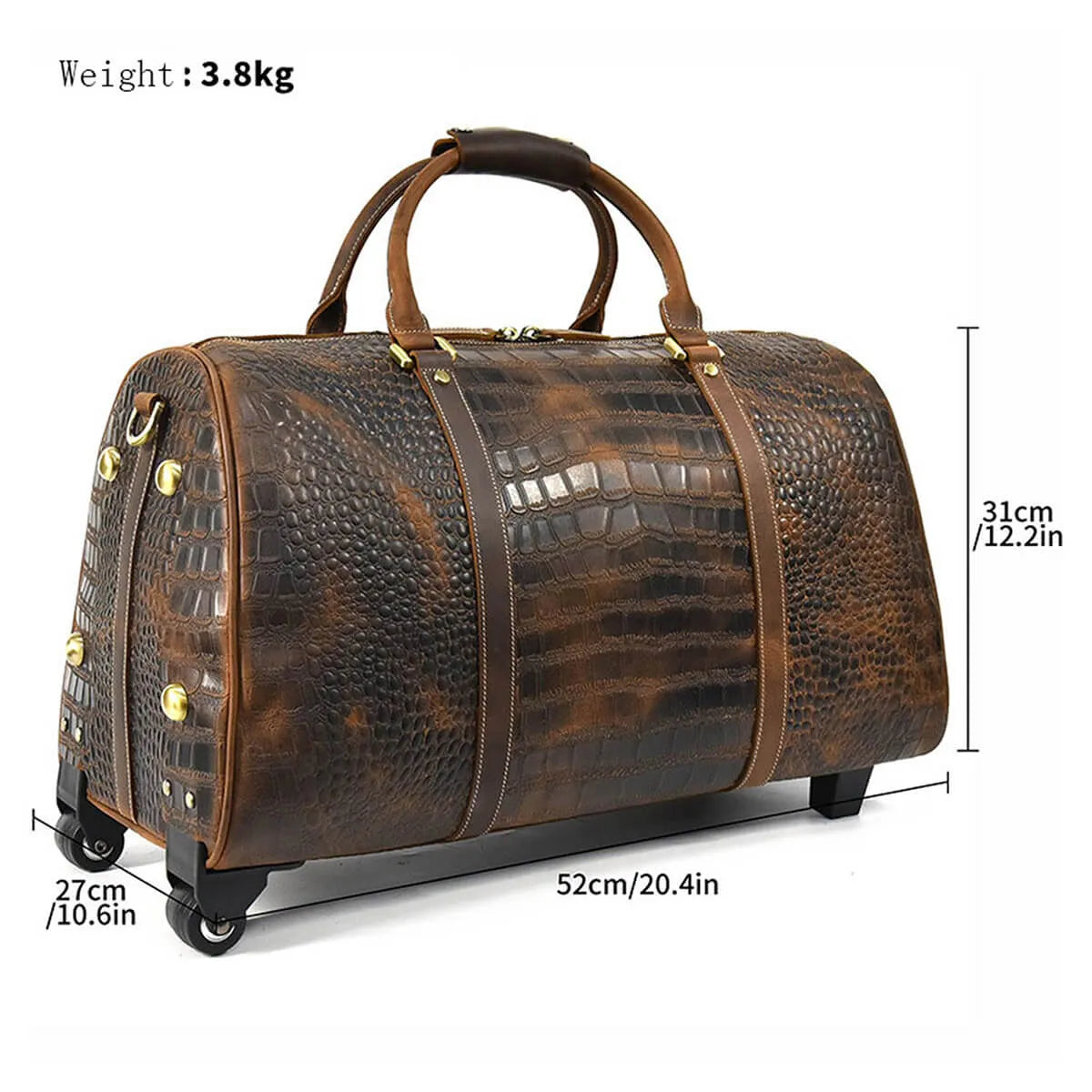 Genuine Leather Travel Luggage Rolling Duffle Bag