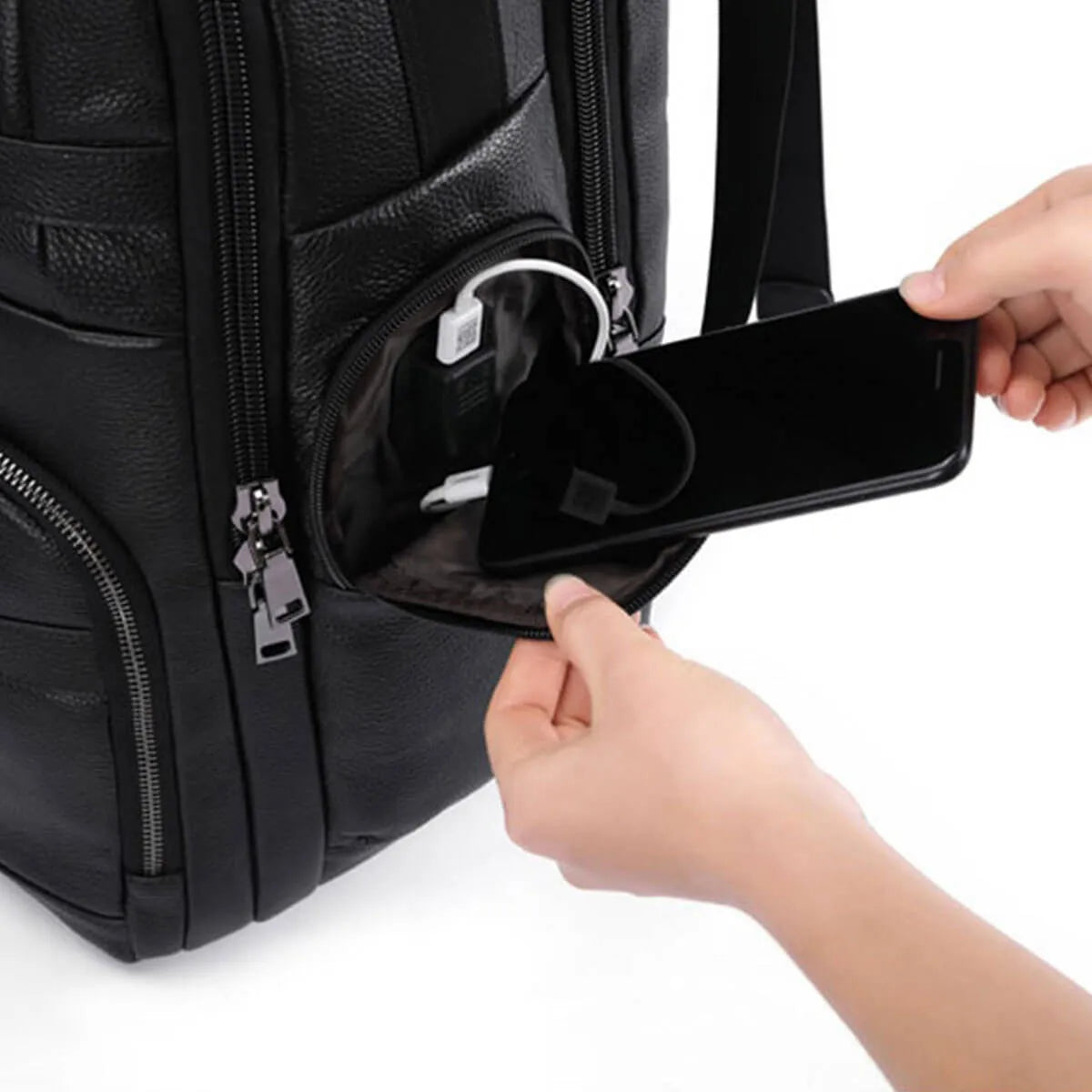 Genuine Leather USB Charging Waterproof Black Large Backpack