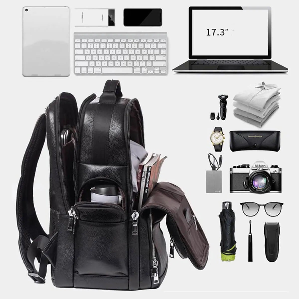 Genuine Leather USB Charging Waterproof Black Large Backpack