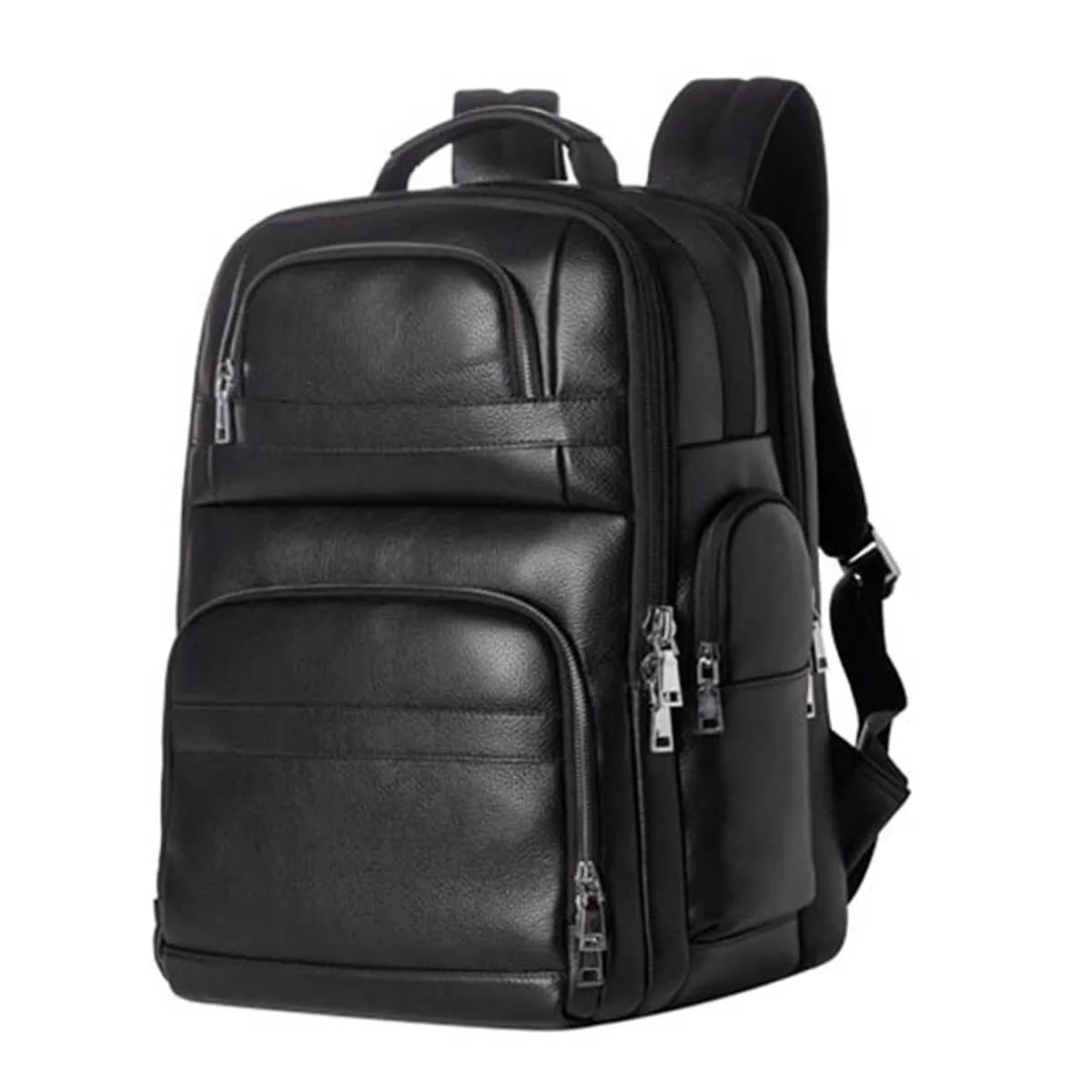 Genuine Leather USB Charging Waterproof Black Large Backpack