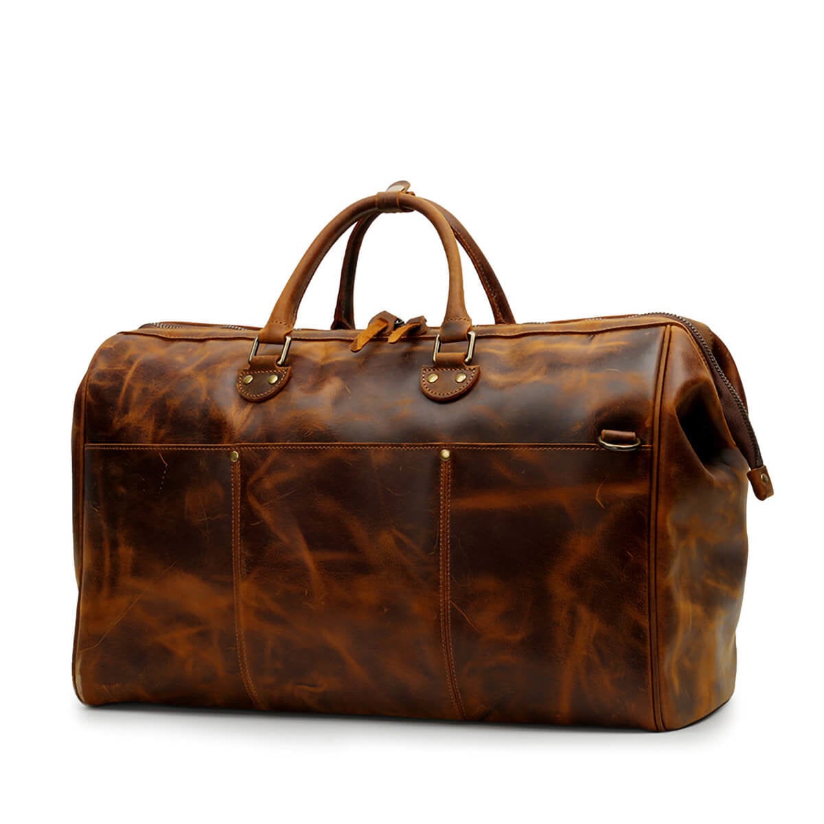 Brown leather travel duffle bag