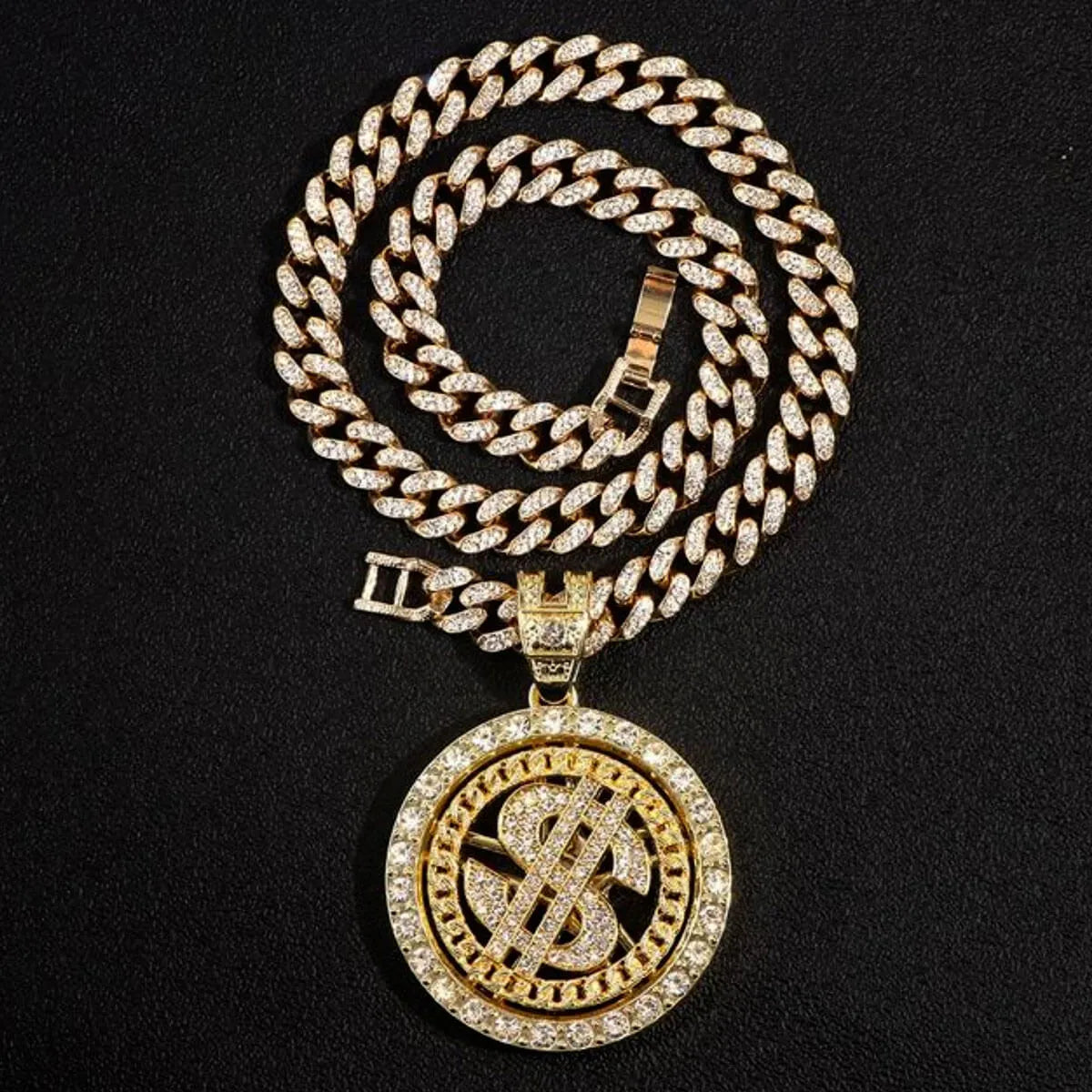 Iced Out Bling Bling Rotating Dollar Pendant Necklace