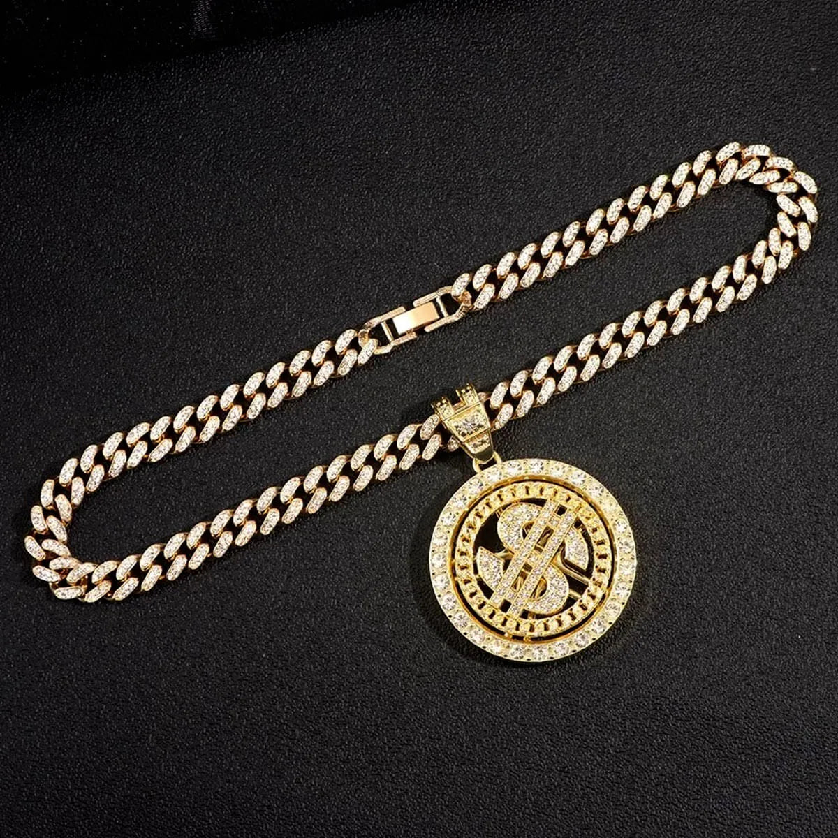 Iced Out Bling Bling Rotating Dollar Pendant Necklace