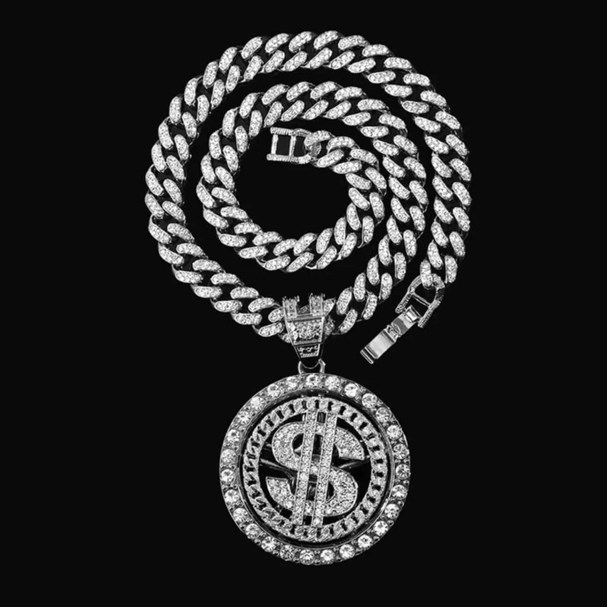 Iced Out Bling Bling Rotating Dollar Pendant Necklace