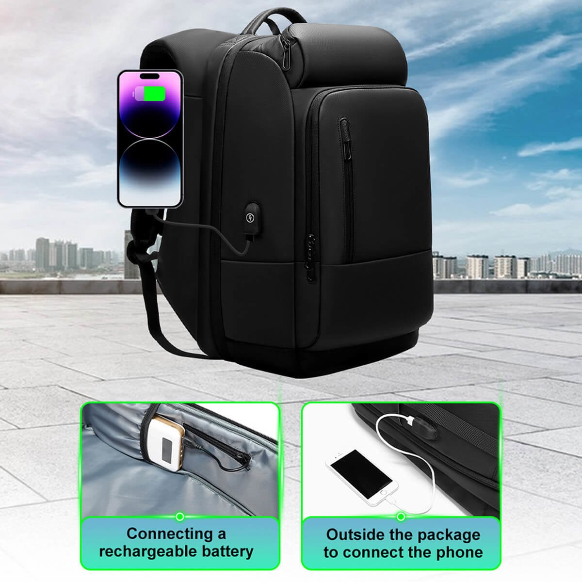 USB charging backpack in elegant black color