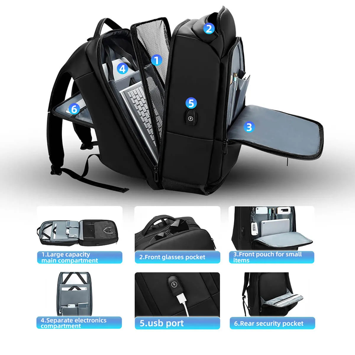 Spacious interior of waterproof USB charging backpack