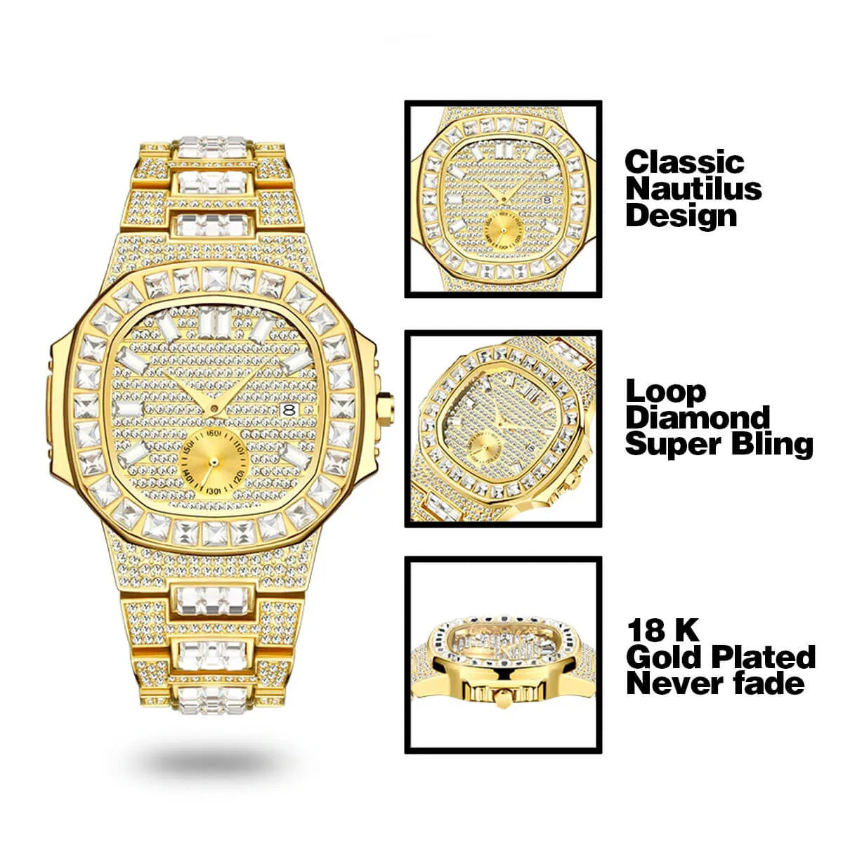 Luxury Gold 18K Fully Paved Baguette Diamond Watch