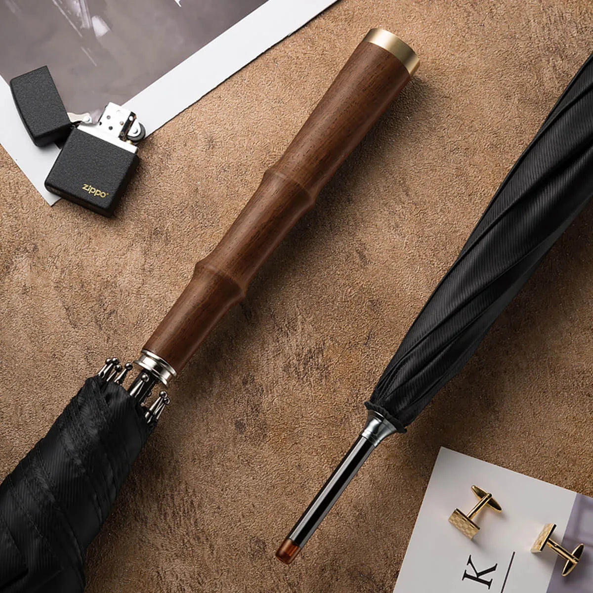 Luxury Long Handle Automatic Vintage Wooden Premium Umbrella