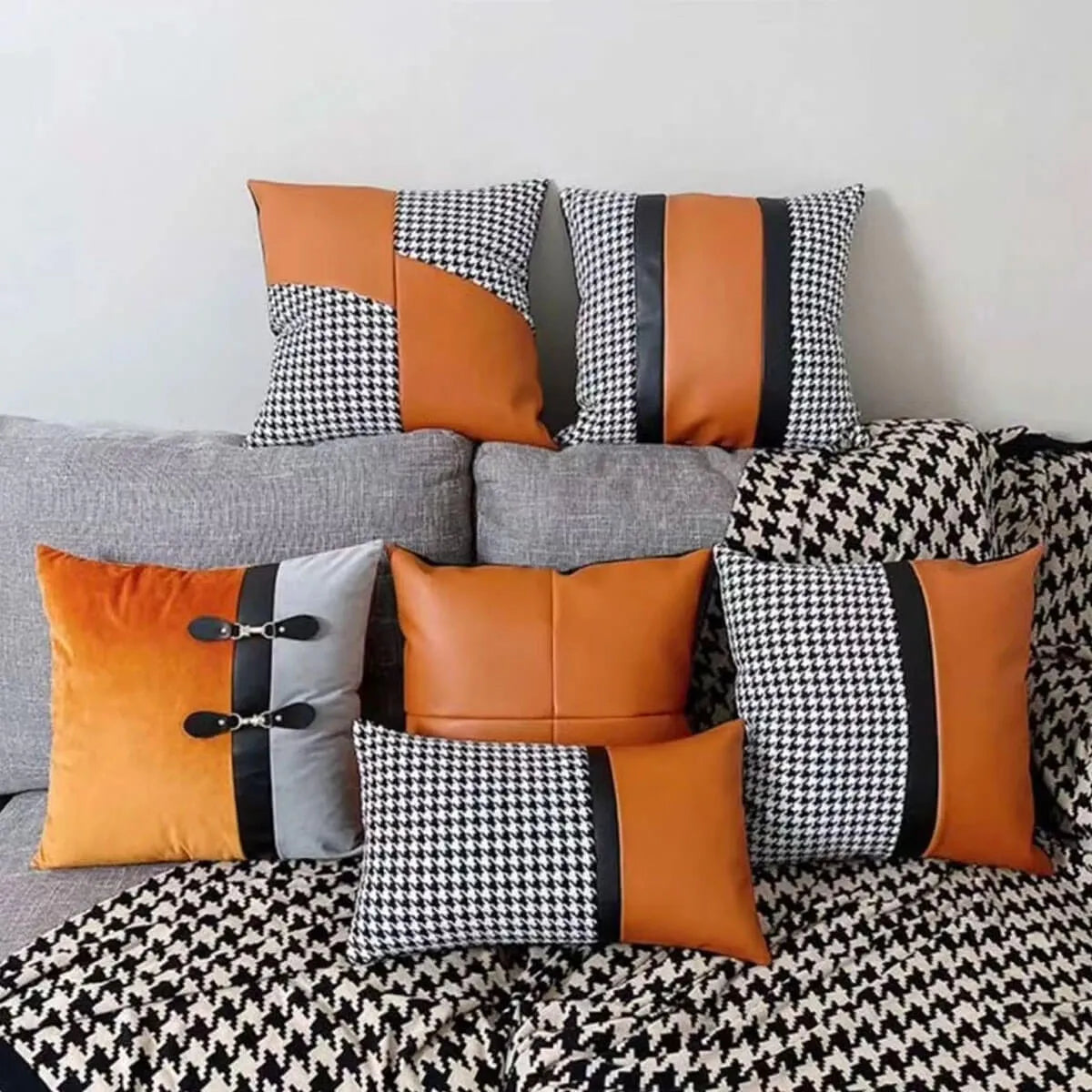 Luxury PU Patchwork Houndstooth Pillow Case Decorative Orange Pillow Covers