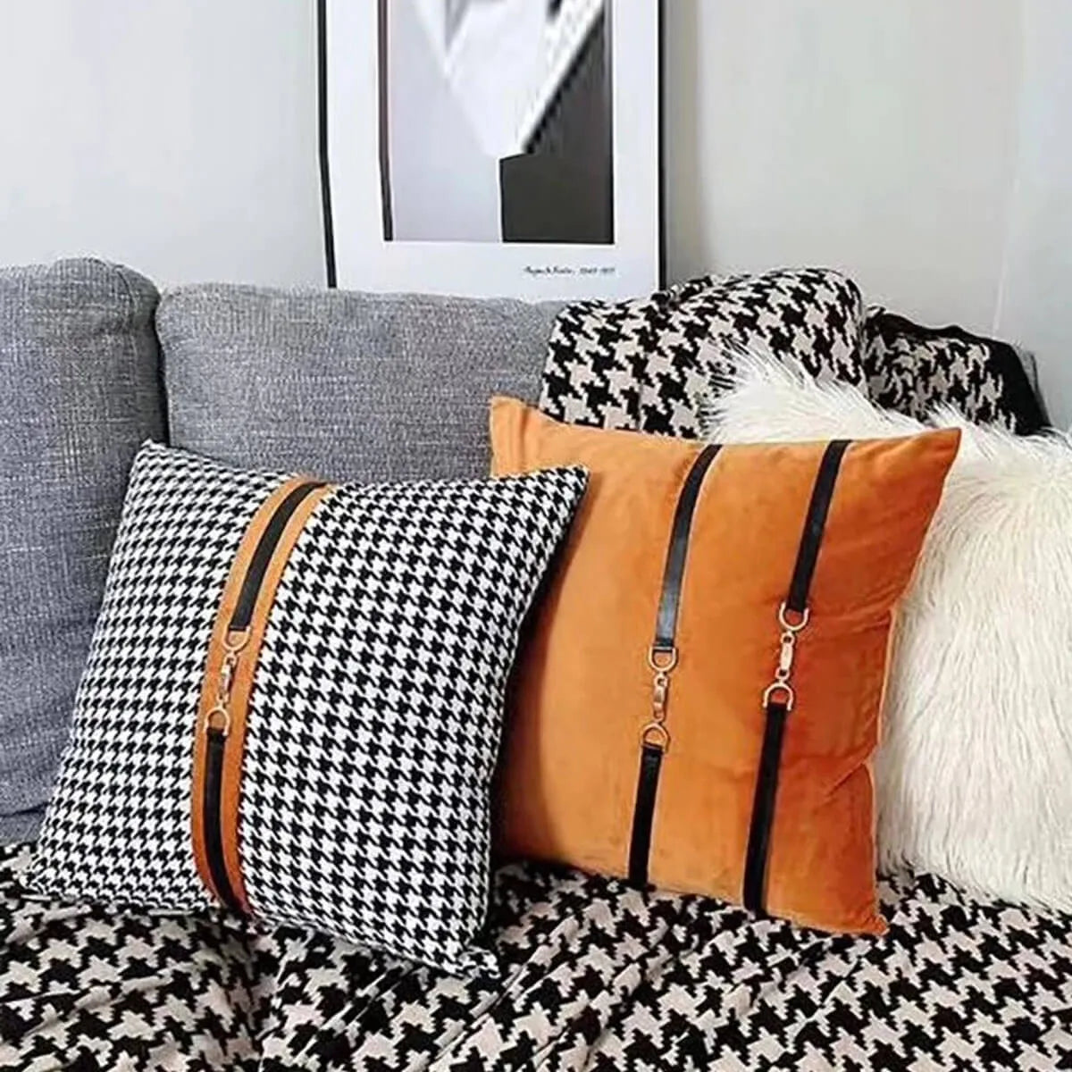 Luxury PU Patchwork Houndstooth Pillow Case Decorative Orange Pillow Covers