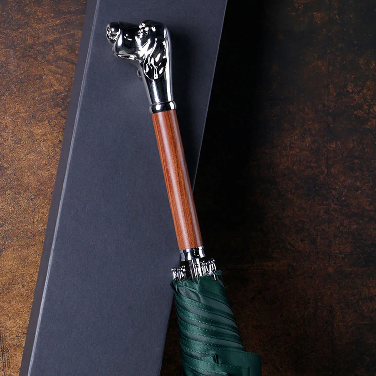 Metal Dog Head Luxury Wooden Long Handle Premium Umbrella