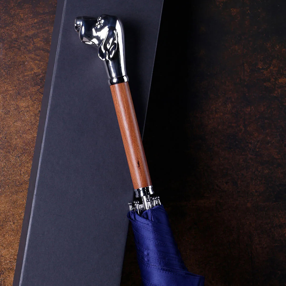 Metal Dog Head Luxury Wooden Long Handle Premium Umbrella