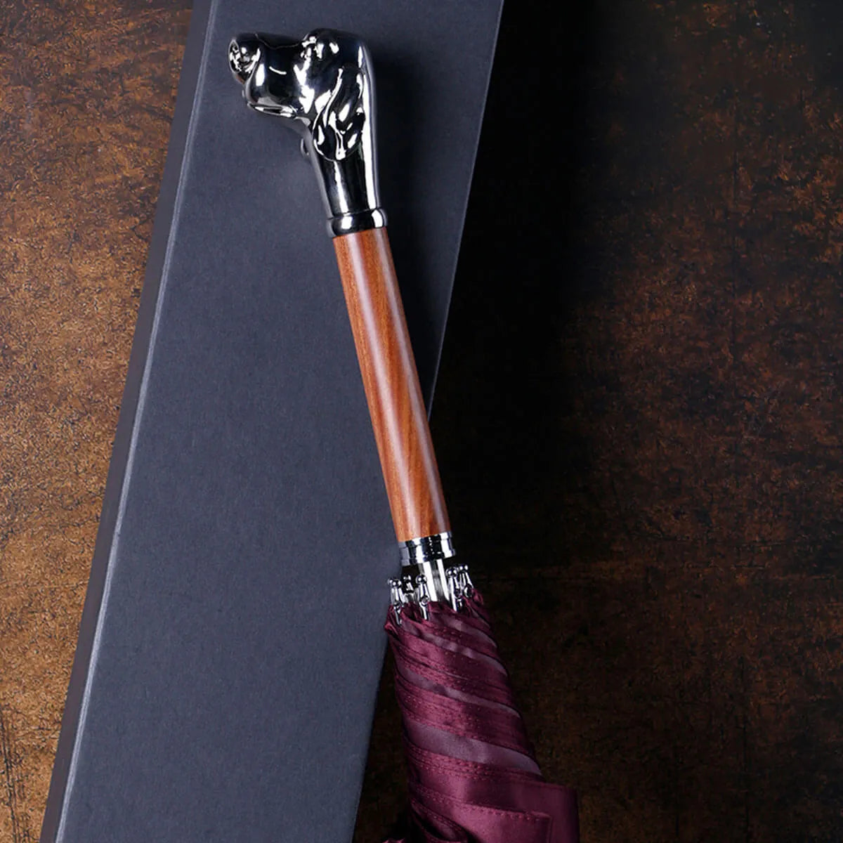 Metal Dog Head Luxury Wooden Long Handle Premium Umbrella