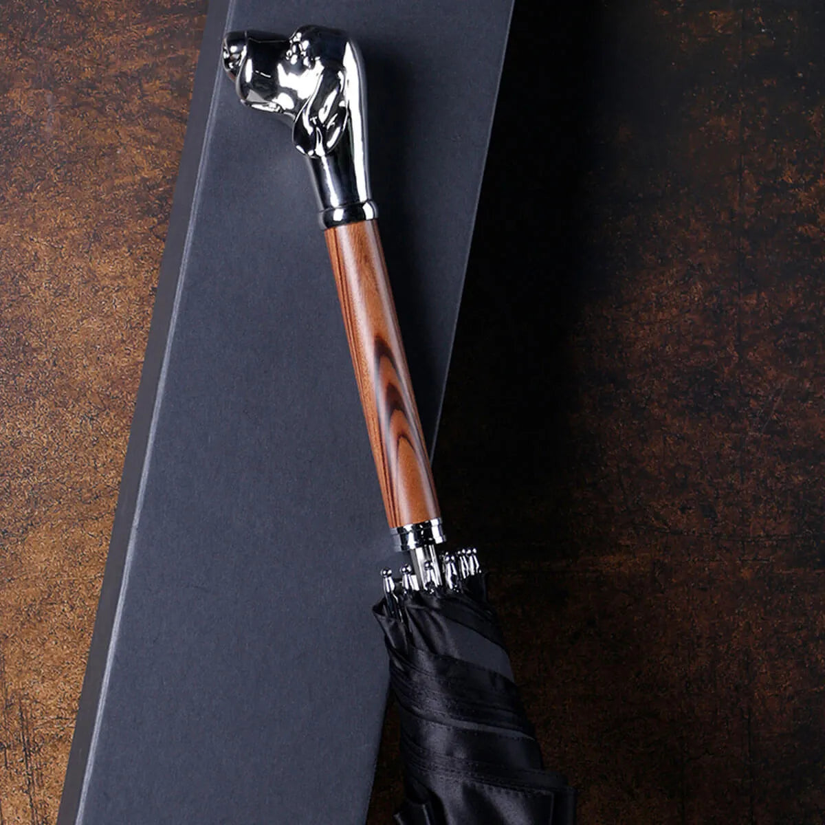 Metal Dog Head Luxury Wooden Long Handle Premium Umbrella