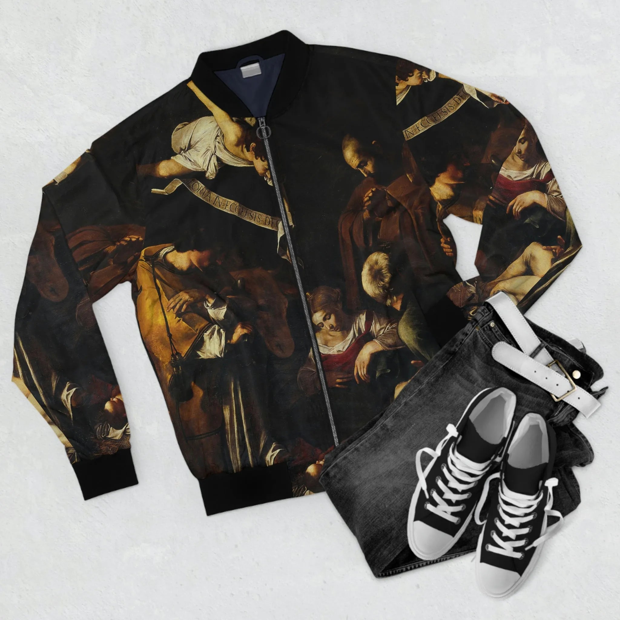 Nativity with St Francis and St Lawrence by Caravaggio Art Bomber Jacket