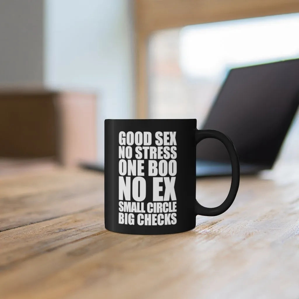 No stress One Boo No ex Small Circle Big Checks Black mug 11oz