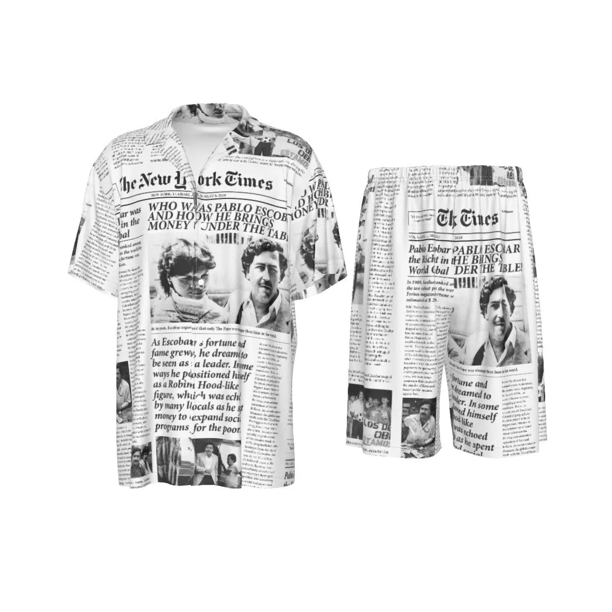 Pablo Escobar Newspaper Colombian Silk Shirt Suit Set