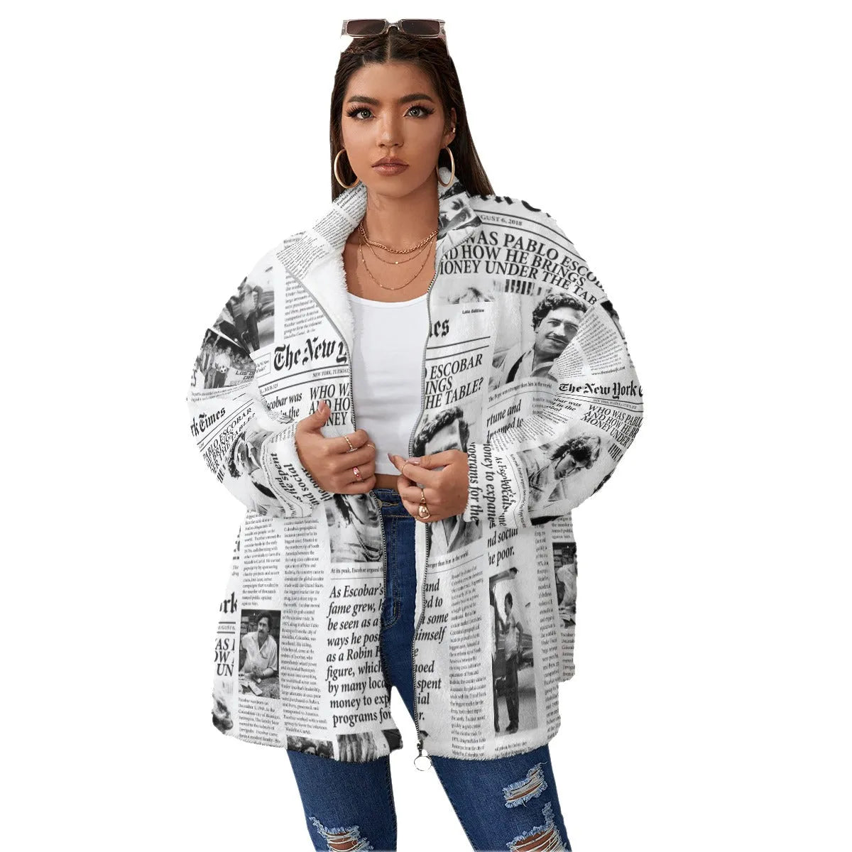 Pablo Escobar Newspaper Women’s Borg Fleece Oversize Jacket