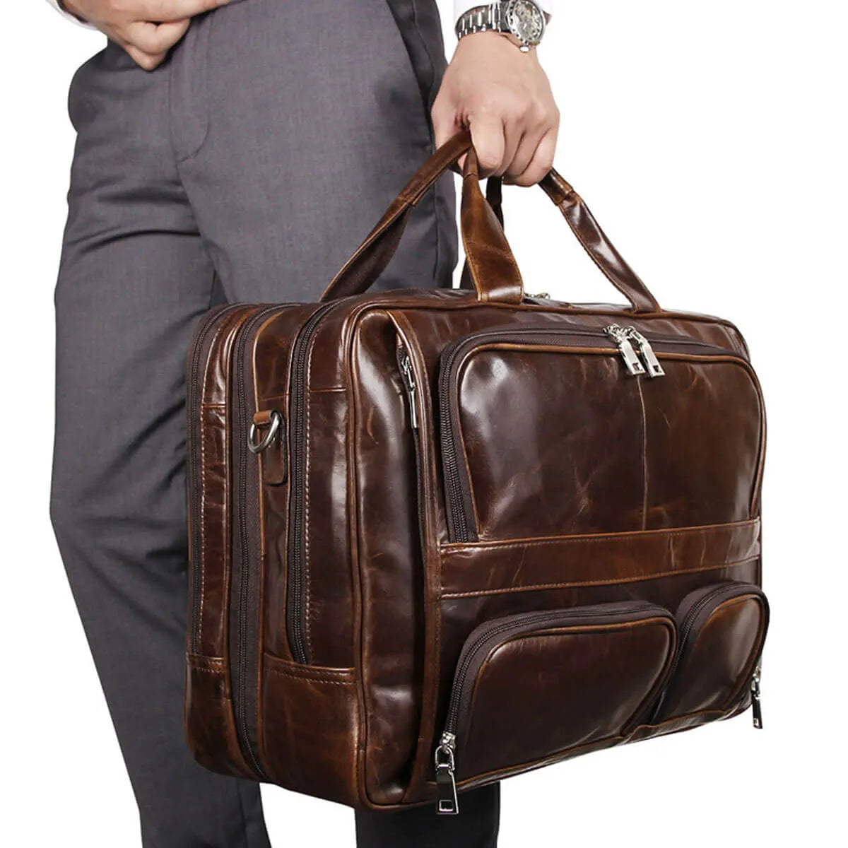 Premium Genuine Leather Bag Large Multi-Functional Travel Briefcase