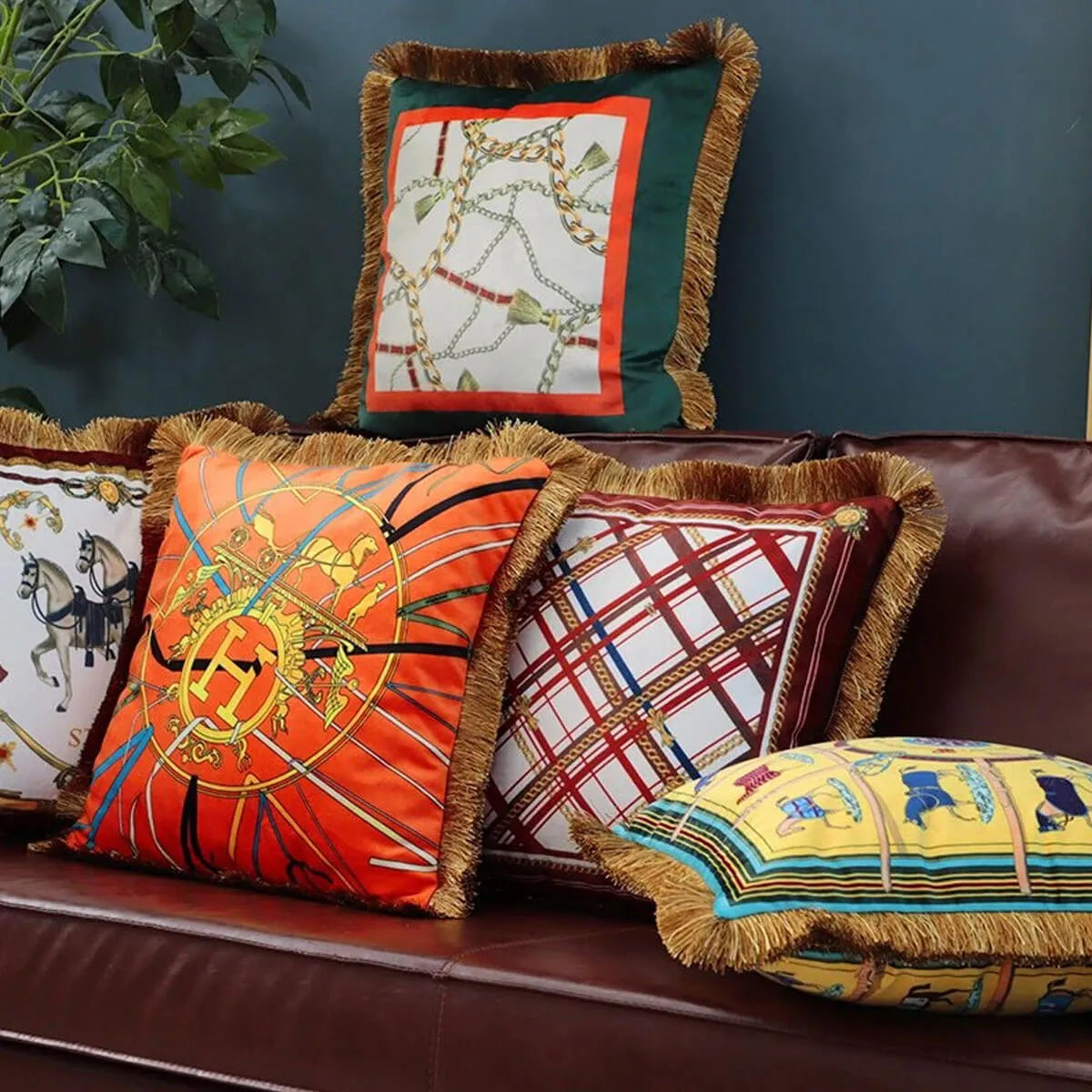 Retro Luxury Printed Cushion Cover Velvet Tassel Edge Sofa Cushion Pillowcase