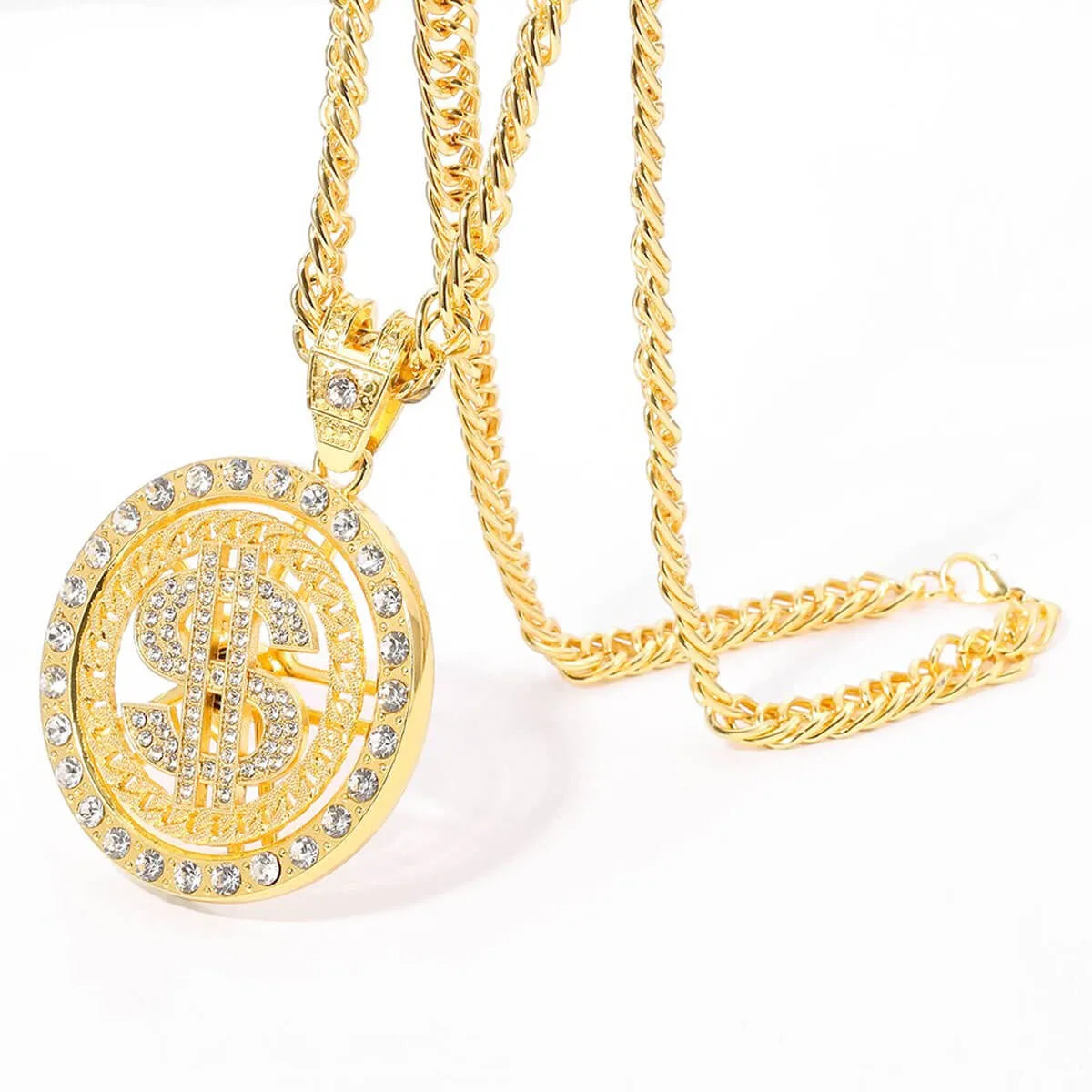 Rotating Dollar Pendant Iced Out Bling Necklace