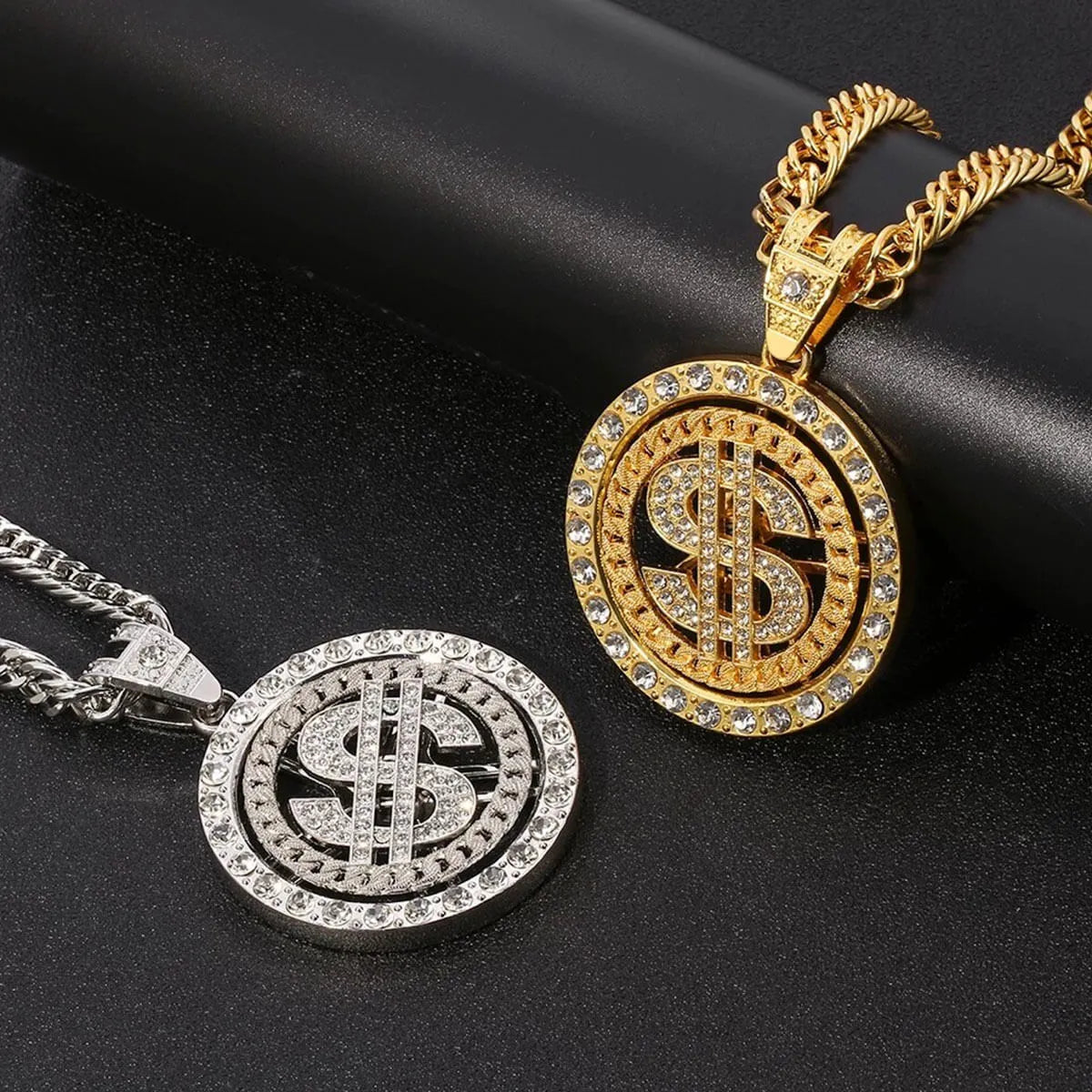 Rotating Dollar Pendant Iced Out Bling Necklace