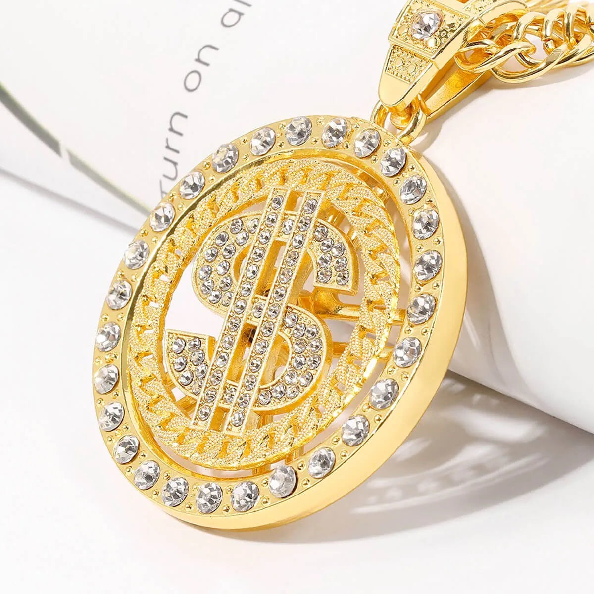 Rotating Dollar Pendant Iced Out Bling Necklace