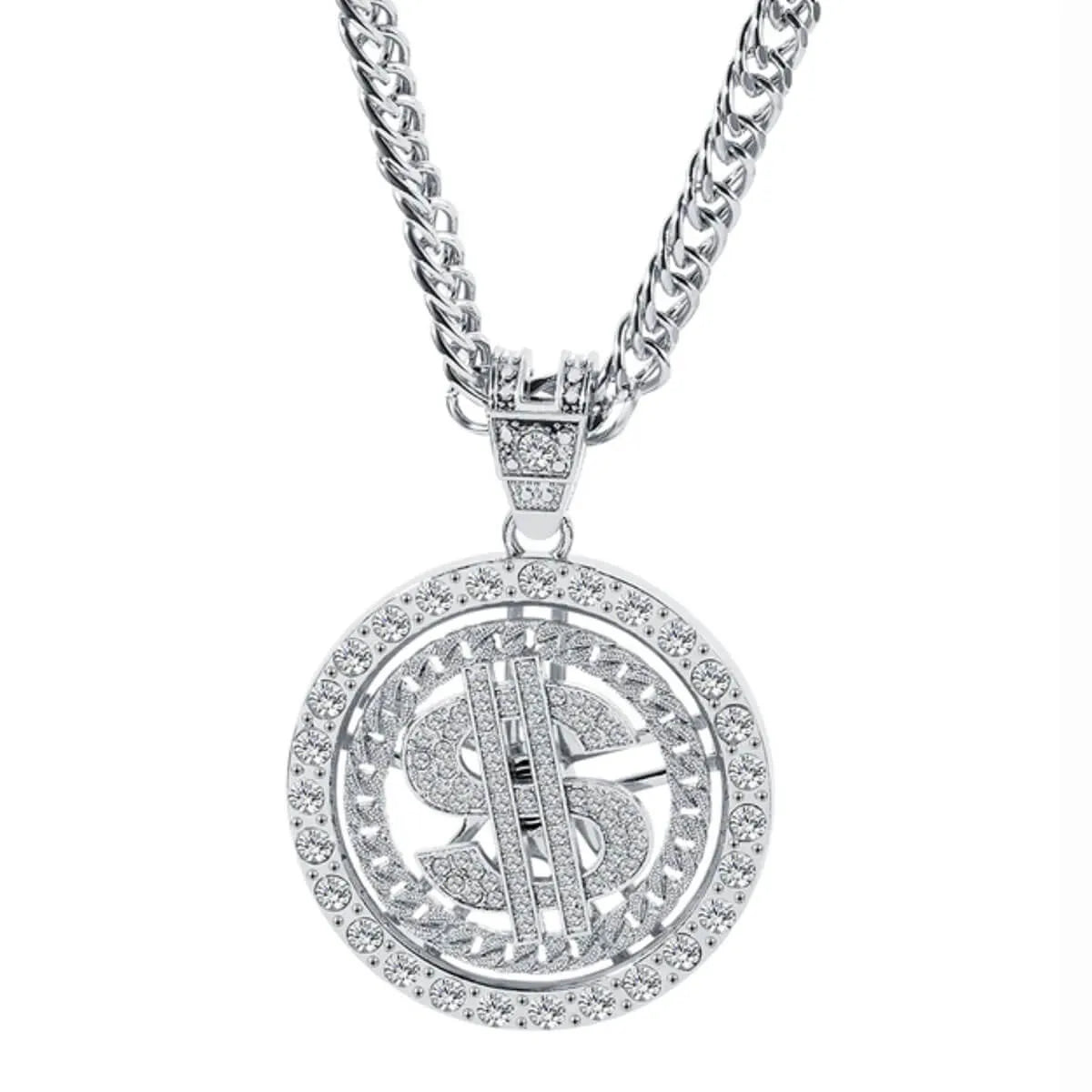 Rotating Dollar Pendant Iced Out Bling Necklace