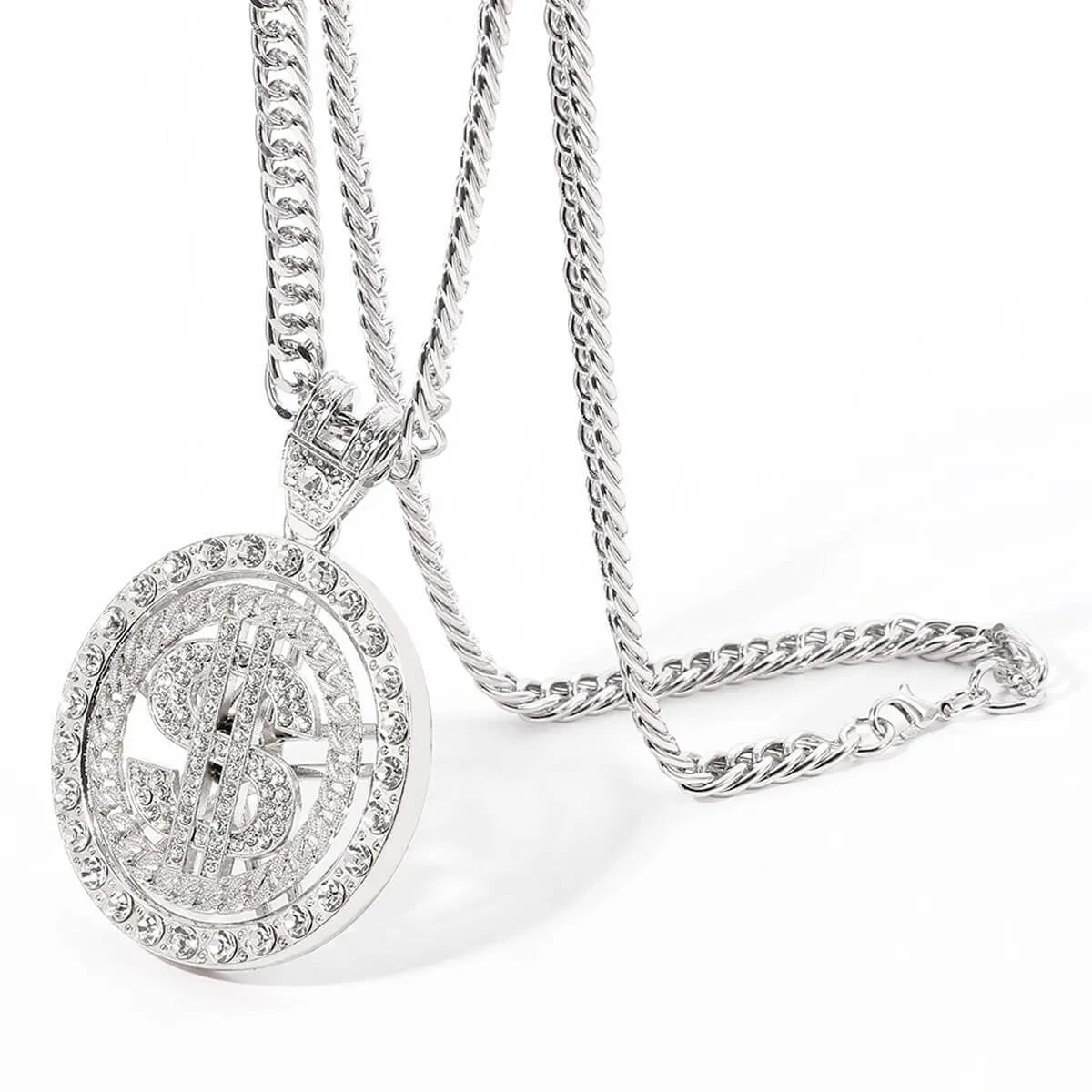 Rotating Dollar Pendant Iced Out Bling Necklace